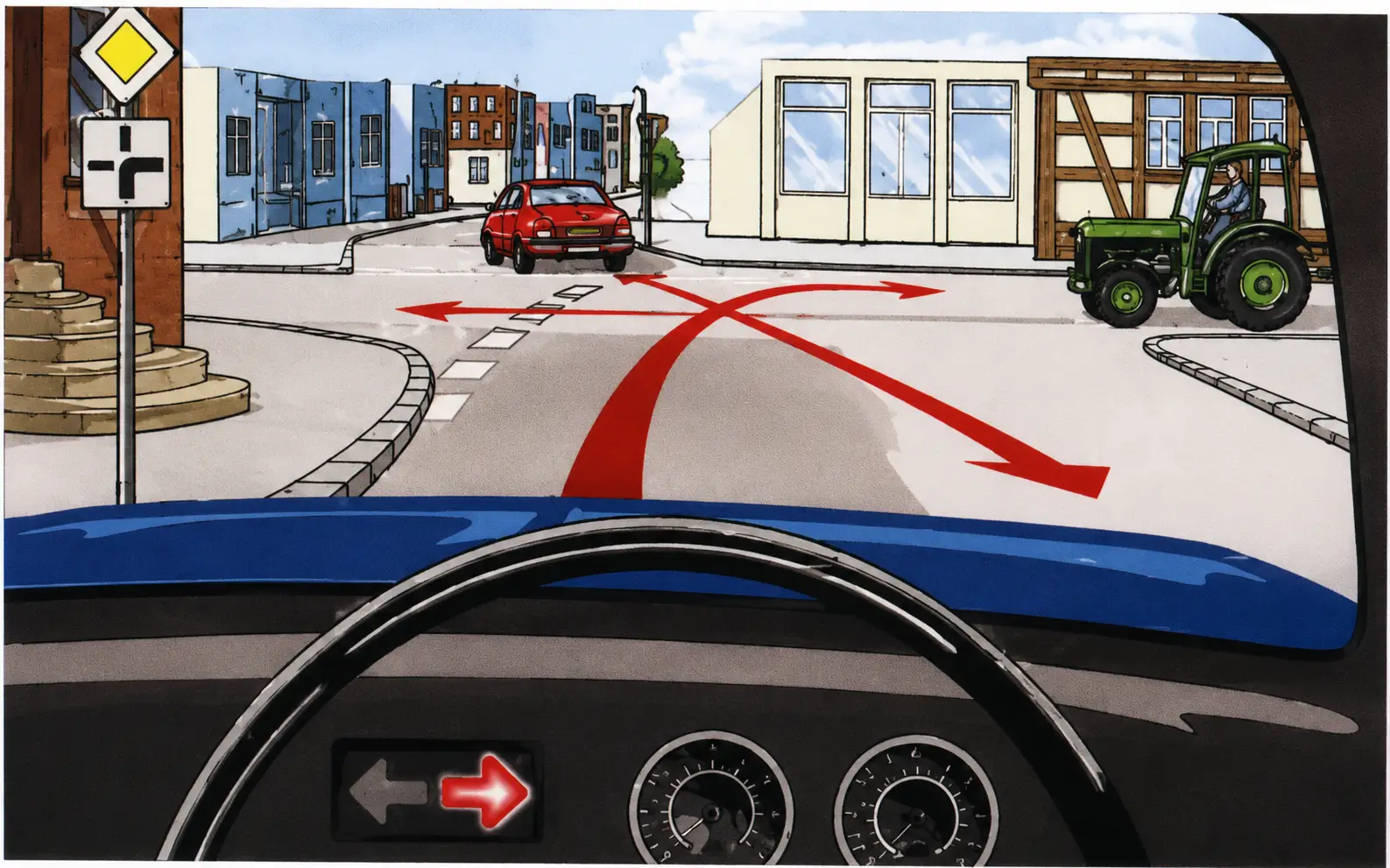 Driver's view at a junction with a priority road sign, a red car ahead and a tractor on the right